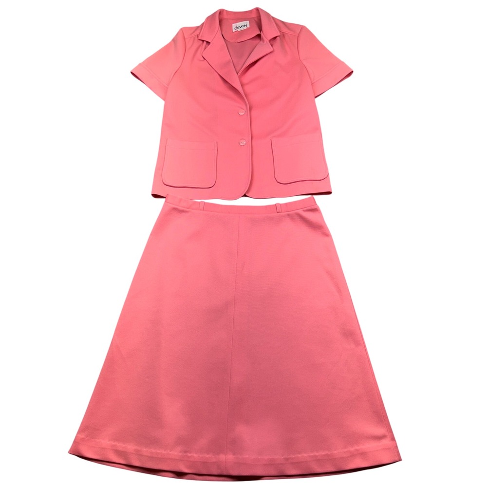 Vintage Devon Pink Skirt Suit‎ Set Short Sleeve Blazer Secretary Mod Style